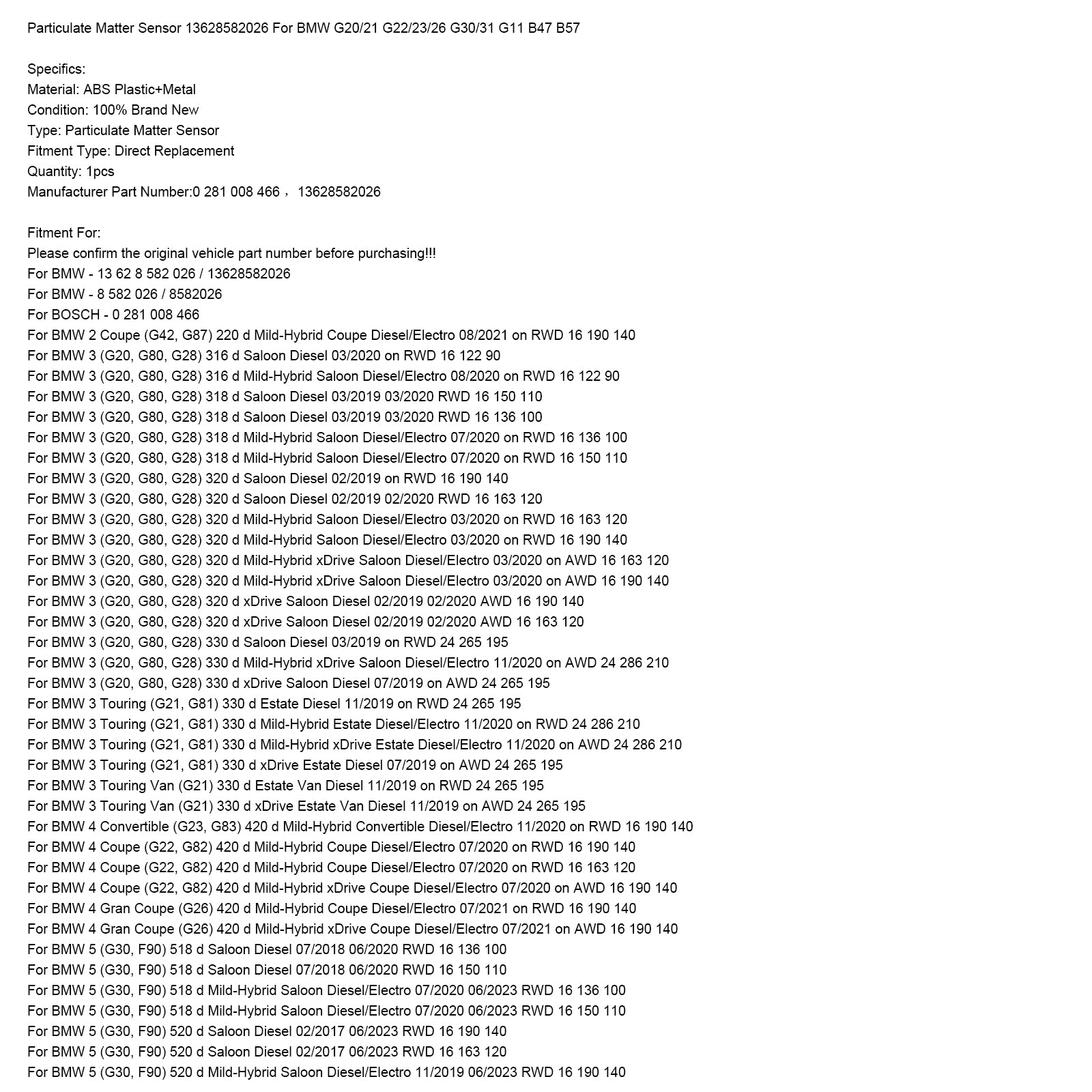 02/2017-06/2020 BMW 5 (G30, F90) 530 d xDrive Sedan Dieselroetsensor 13628582026