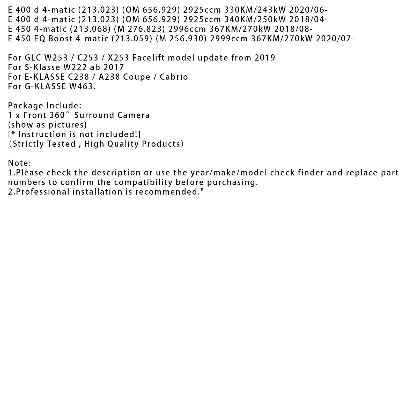 Front 360°Surround Camera For Mercedes-Benz C E S W205 W213 C238 A0009056306