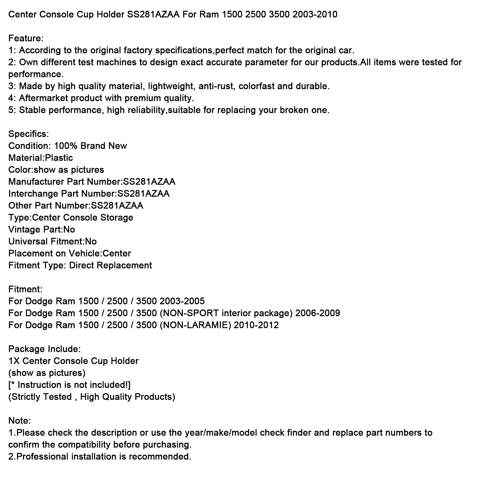 Center Console Cup Holder Large Hole SS281AZAA For Ram 1500 2500 3500 03-10