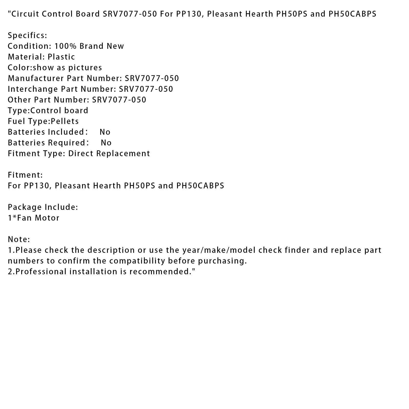 Placa de controle de circuito SRV7077-050 para pp130, Pleasant Hearth Ph50ps ph50cabps