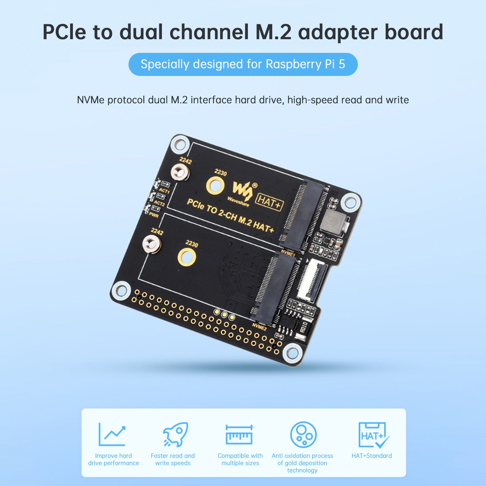 Raspberry Pi 5th Generation PCIe to Dual-Channel M.2 Adapter Board Dual M.2