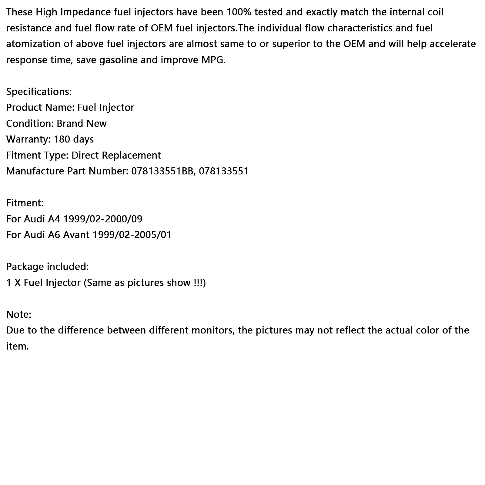 1PCS Fuel Injector 078133551BB Fit Audi A4 S4 A6 S6 Allroad 2.7L