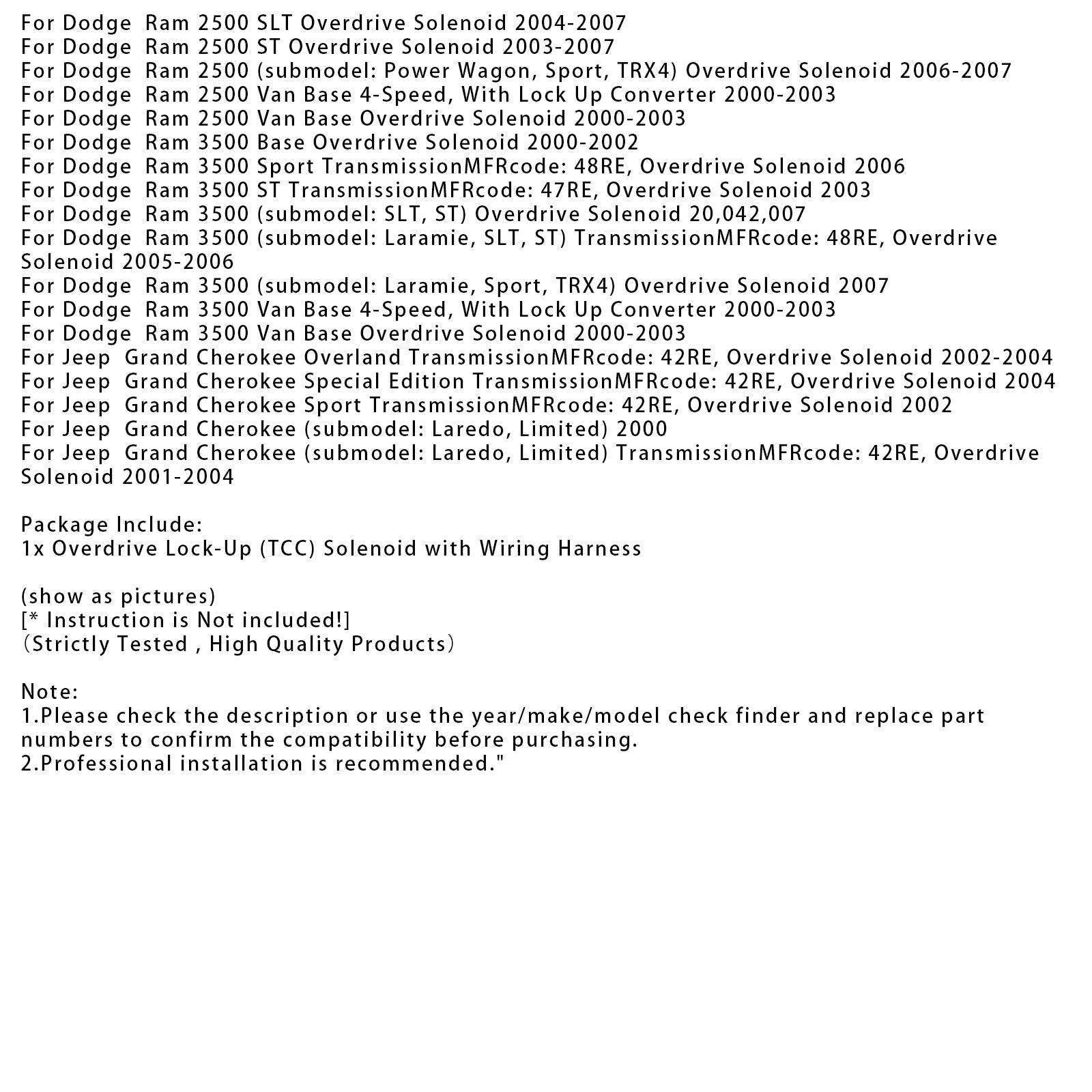 42RE 46RE 47RE 48RE A500 A518 TCC Overdrive Solenoid w/ Wire Harness For Dodge