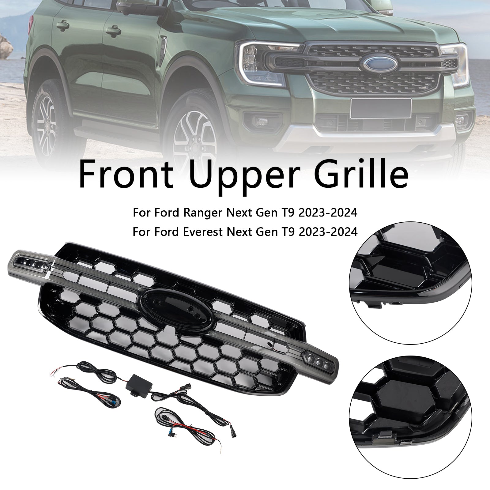 Front Bumper Grille Grill Fit Ford Ranger Everest Next Gen Wildtrak 2023-2024 (med hvit LED)