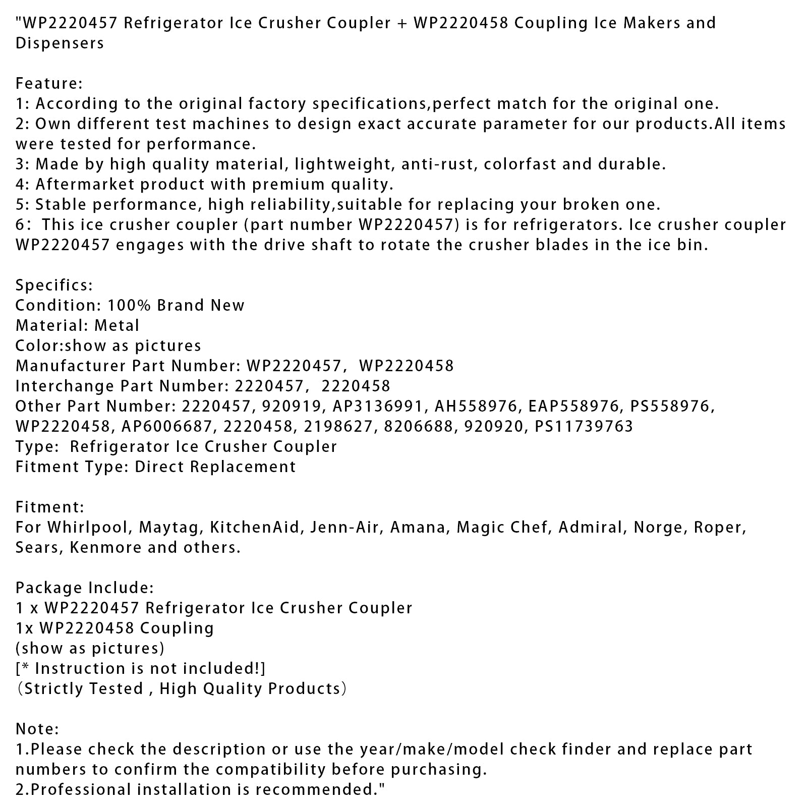 WP2220457 kjøleskap Ice Crusher Coupler + WP2220458 Kobling