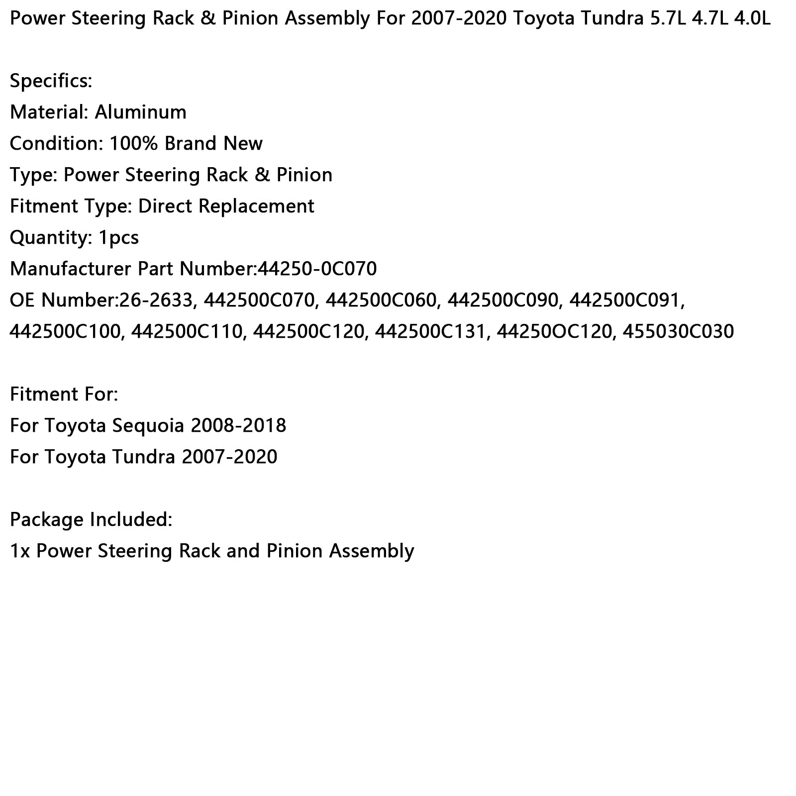 2007-2020 Toyota Tundra Servostyrningsväxel & Pinjongaggregat