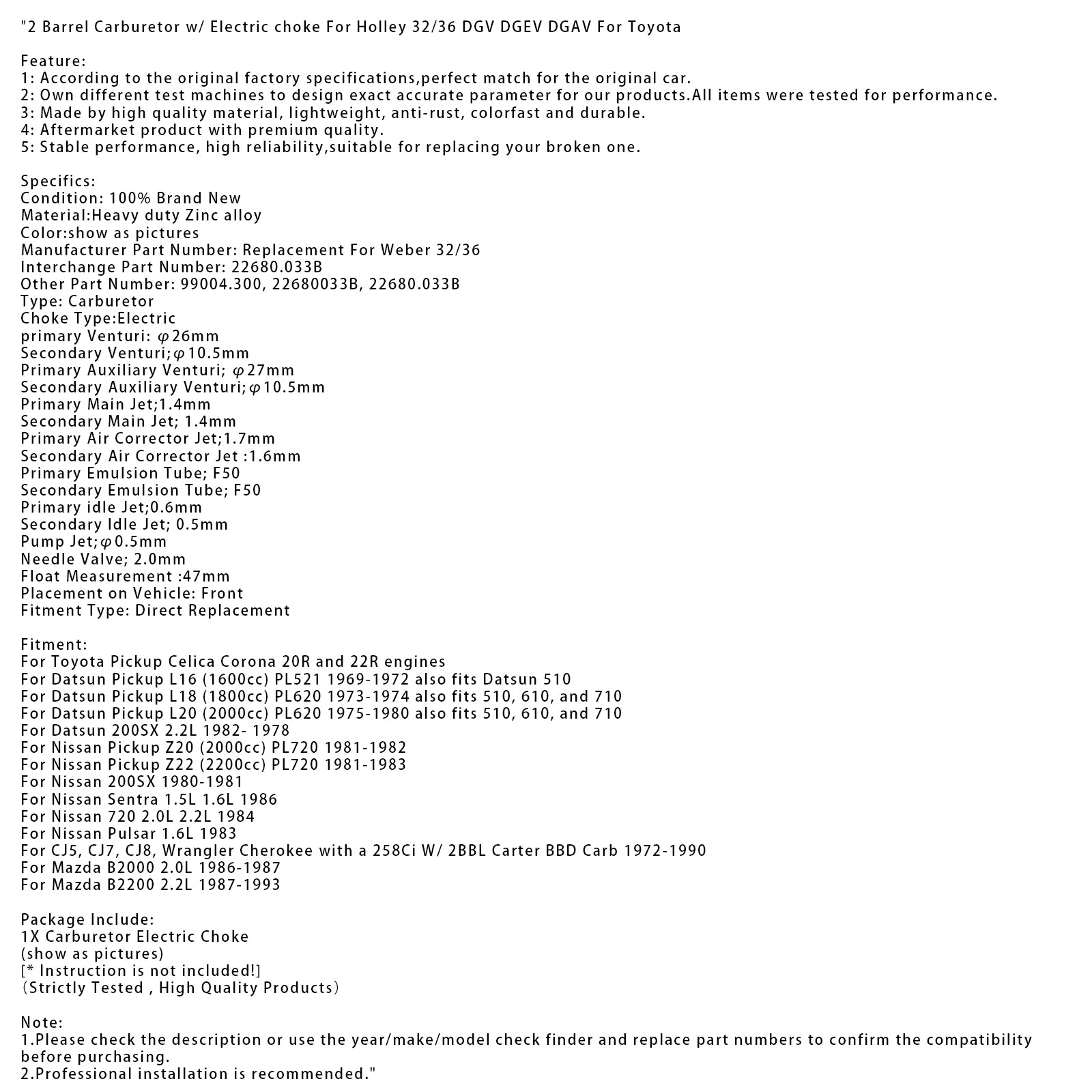 1986-1987 Mazda B2000 2.0L 2 Barrel Carburetor w/ Electric choke For Holley 32/36 DGV DGEV DGAV
