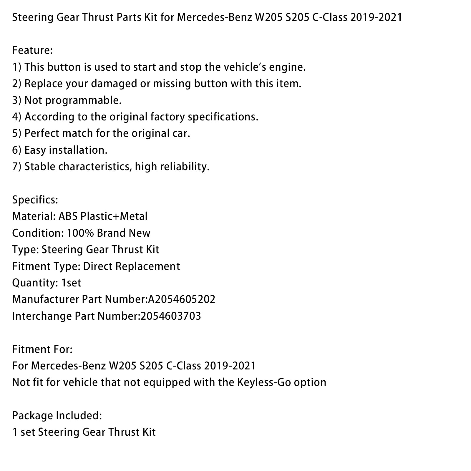 2019-2021 Mercedes-Benz W205 S205 C-Class Steering Gear Thrust Parts Kit