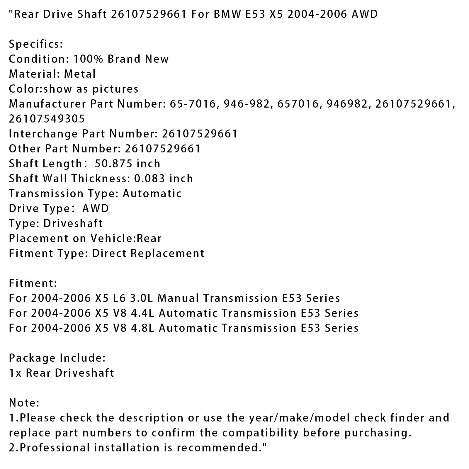 2004-2006 X5 V8 4.8L automatische transmissie E53-serie achterste aandrijfas 26107529661