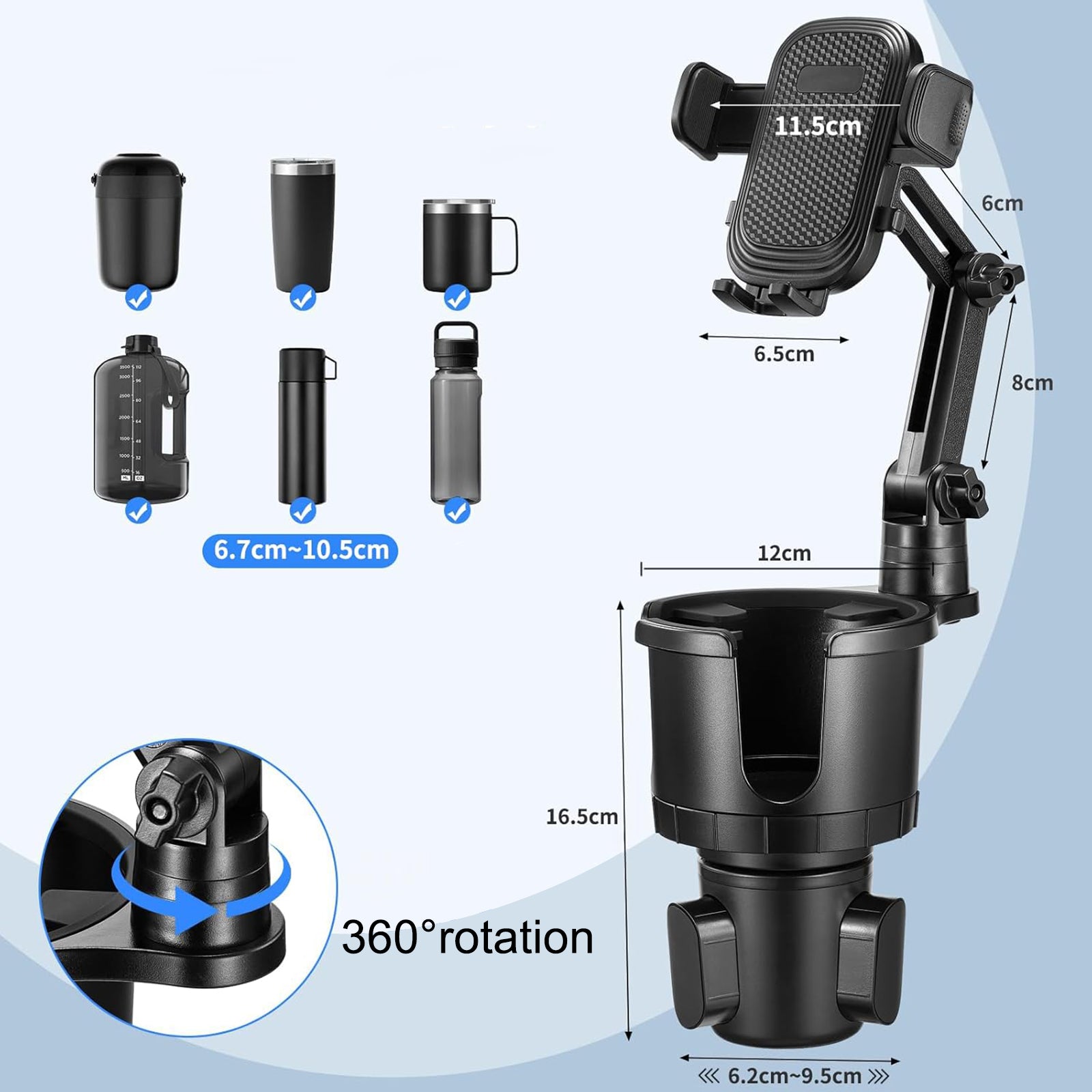 Smarttelefonholder, drikkeholder, for smarttelefoner, biler, 2-i-1 koppholder