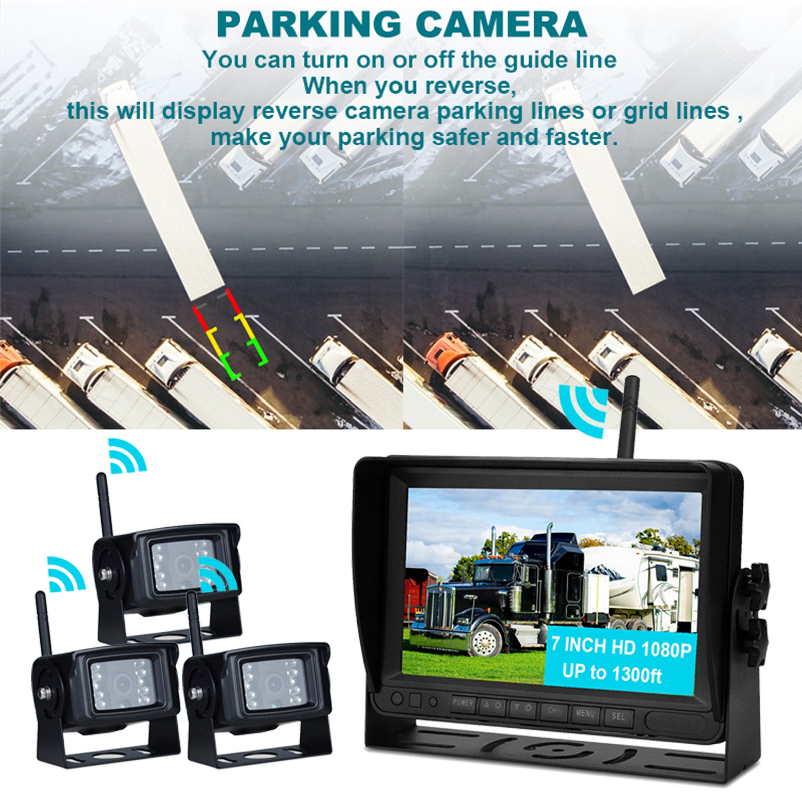 7" Display Wireless AHD 1080P 3CH Rear View Backup Camera Kit for Truck Trailer