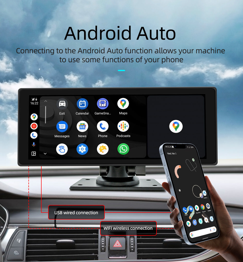 10,26" sans fil Carplay Bluetooth Radio FM voiture MP5 lecteur AHD enregistreur caméra