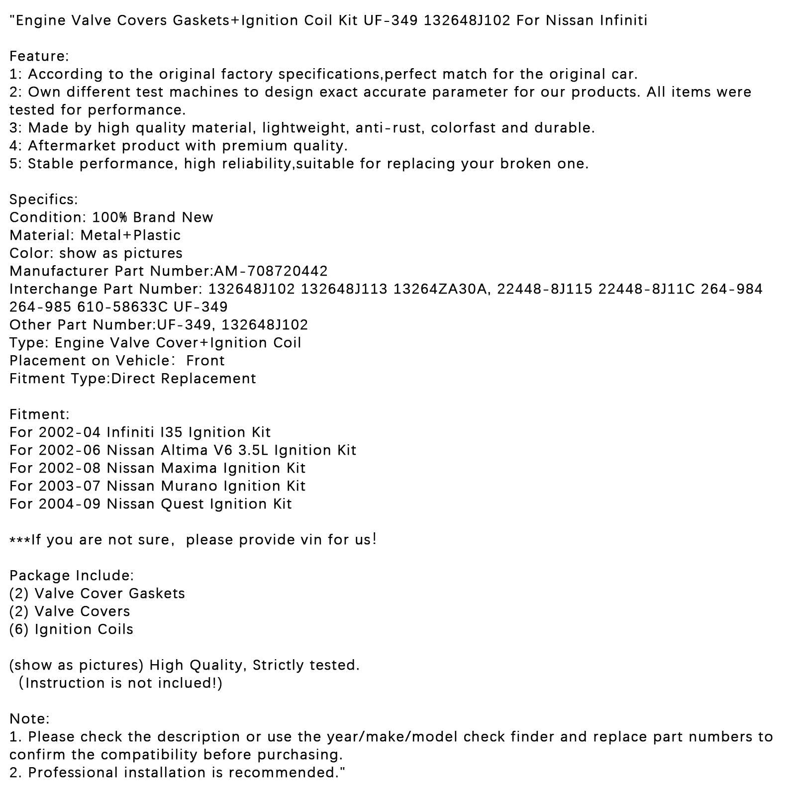 2003-2007 Nissan Murano Ontstekingsset Ontstekingsset Motor Klepdeksels Pakkingen + Bobine UF-349 132648J102