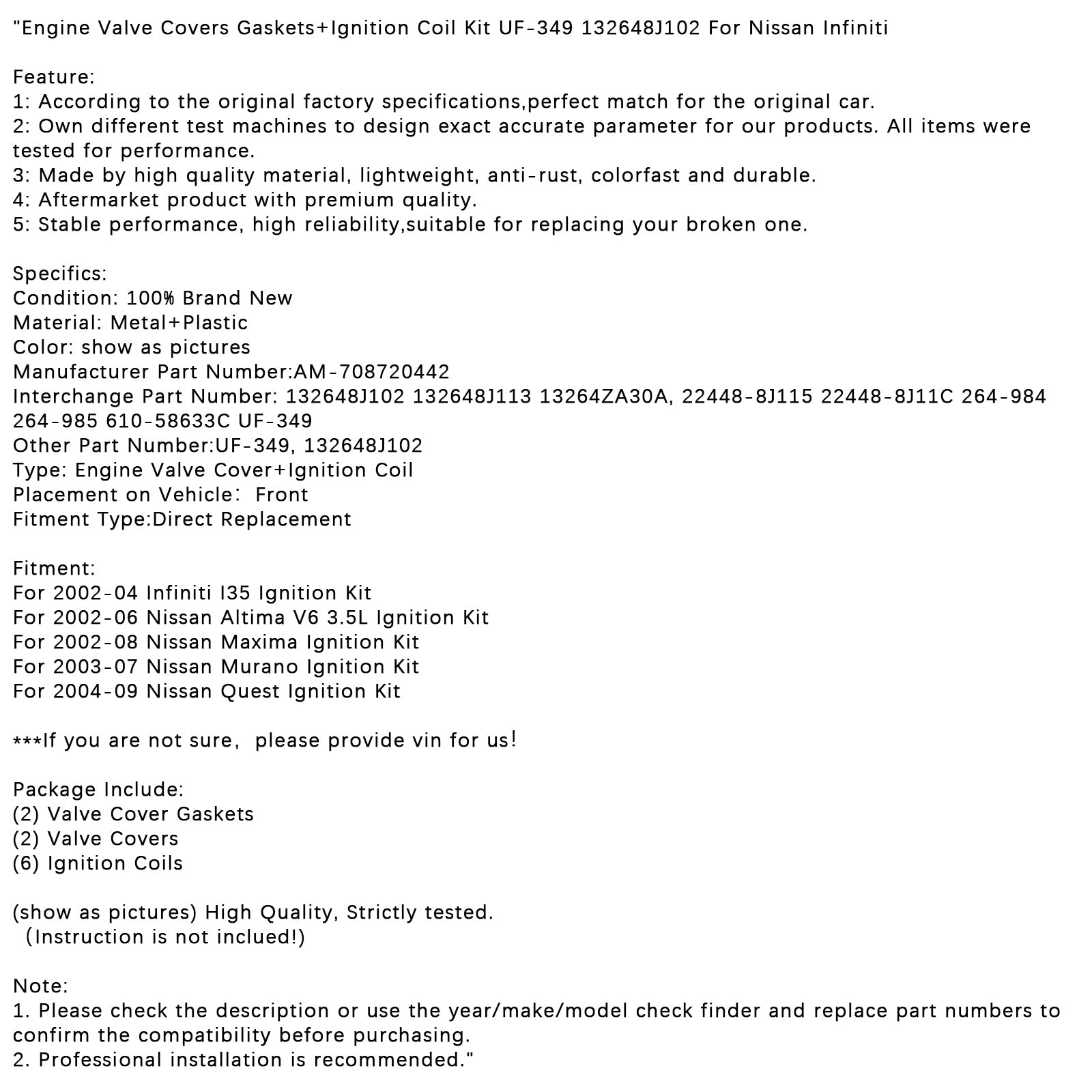 2002-2006 Nissan Altima V6 3.5L Ontstekingsset Motor Klepdeksels Pakkingen + Bobine UF-349 132648J102