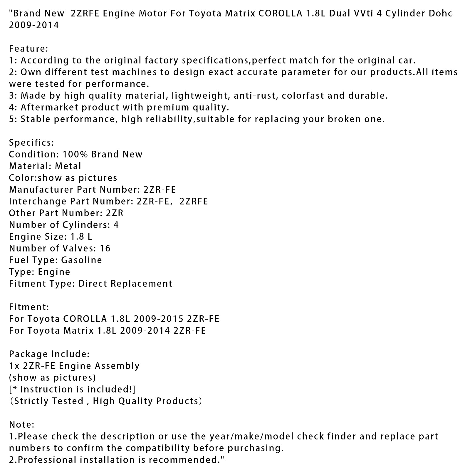 Nieuwe 2ZRFE-motormotor voor Toyota Matrix COROLLA 1.8L Dual VVti 4-cilinder
