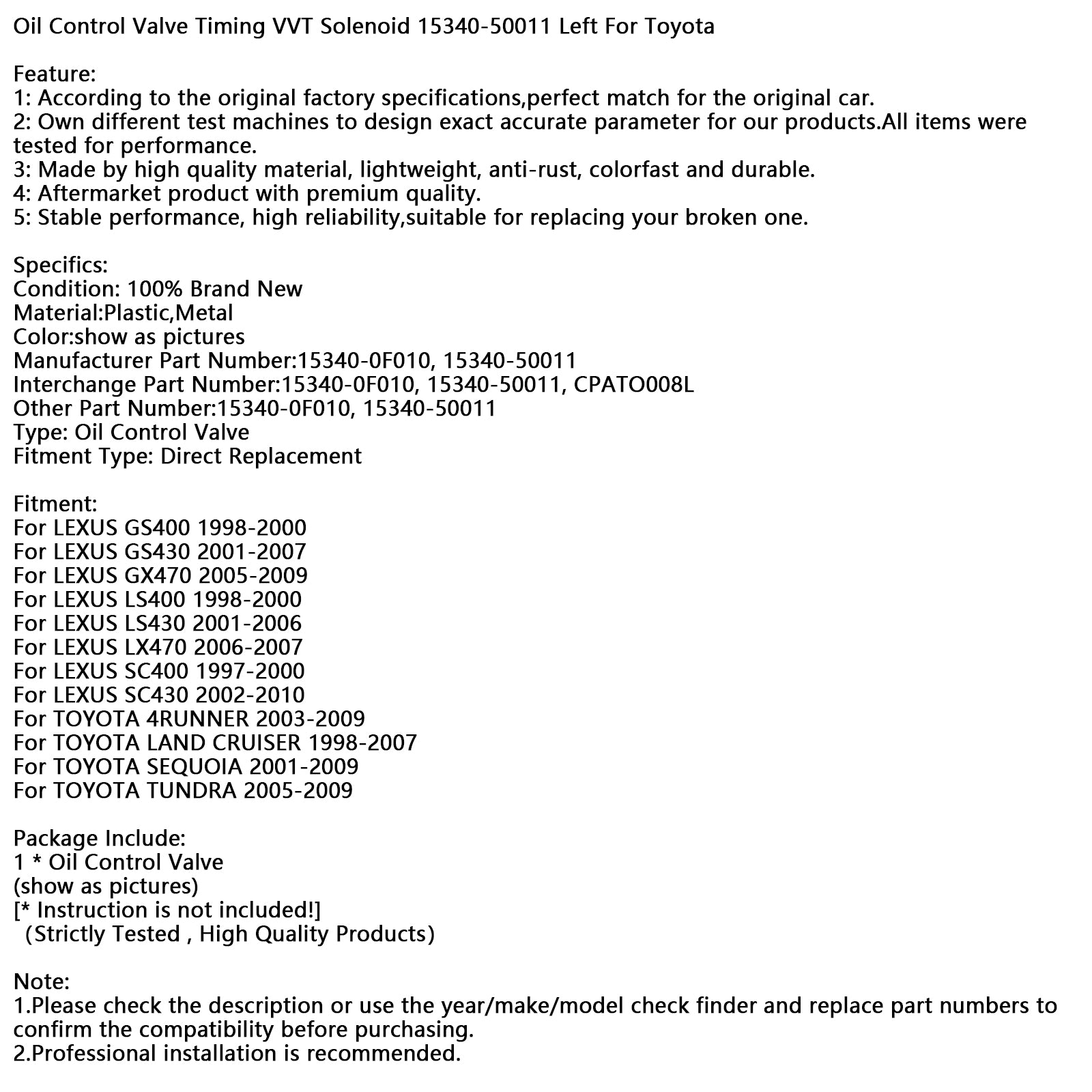 Solenoide 15340-50011 de sincronización de válvula de control de aceite VVT ​​izquierda para Toyota