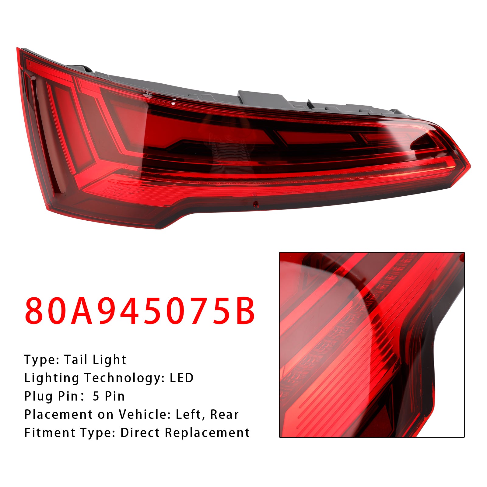Left Rear Tail Light Lamp LED For Audi Q5 MK2 FACELIFT 2021-2024 LED 5 PIN