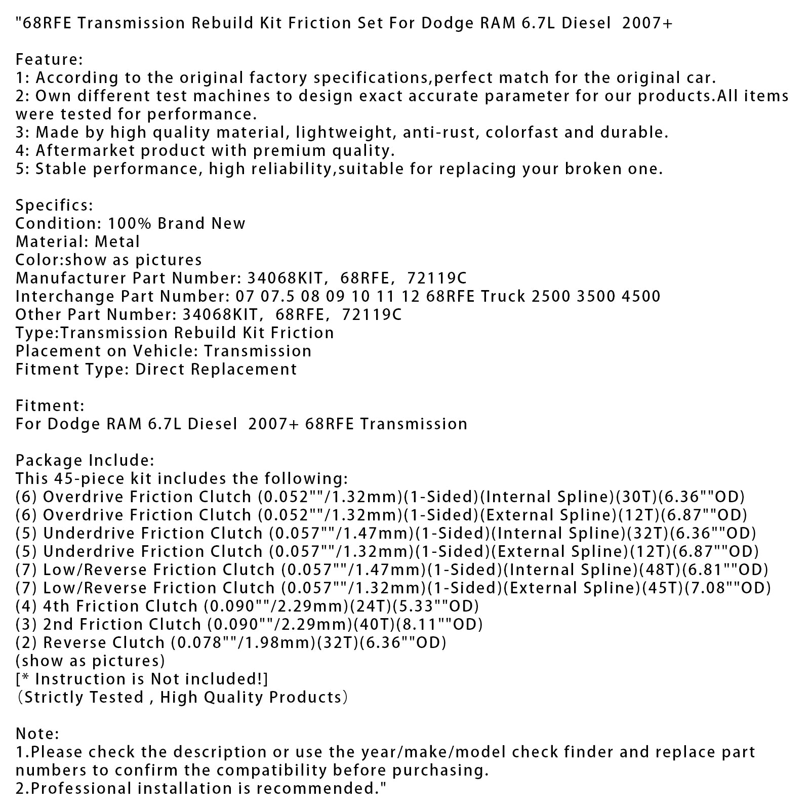 68RFE Transmissie-revisieset Frictieset voor Dodge RAM 6.7L Diesel 2007+