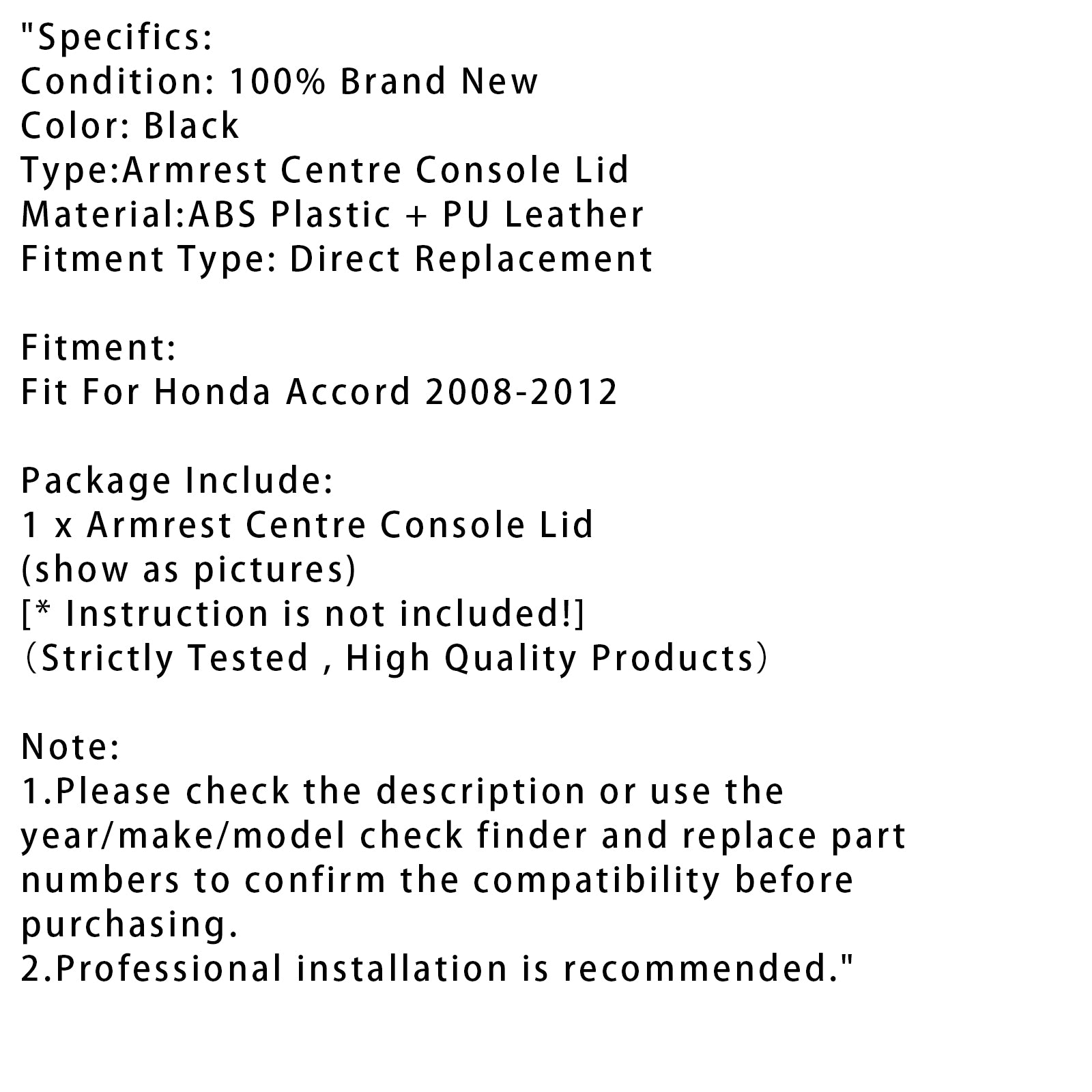 2008-2012 Honda Accord Black Leather Armrest Centre Console Lid