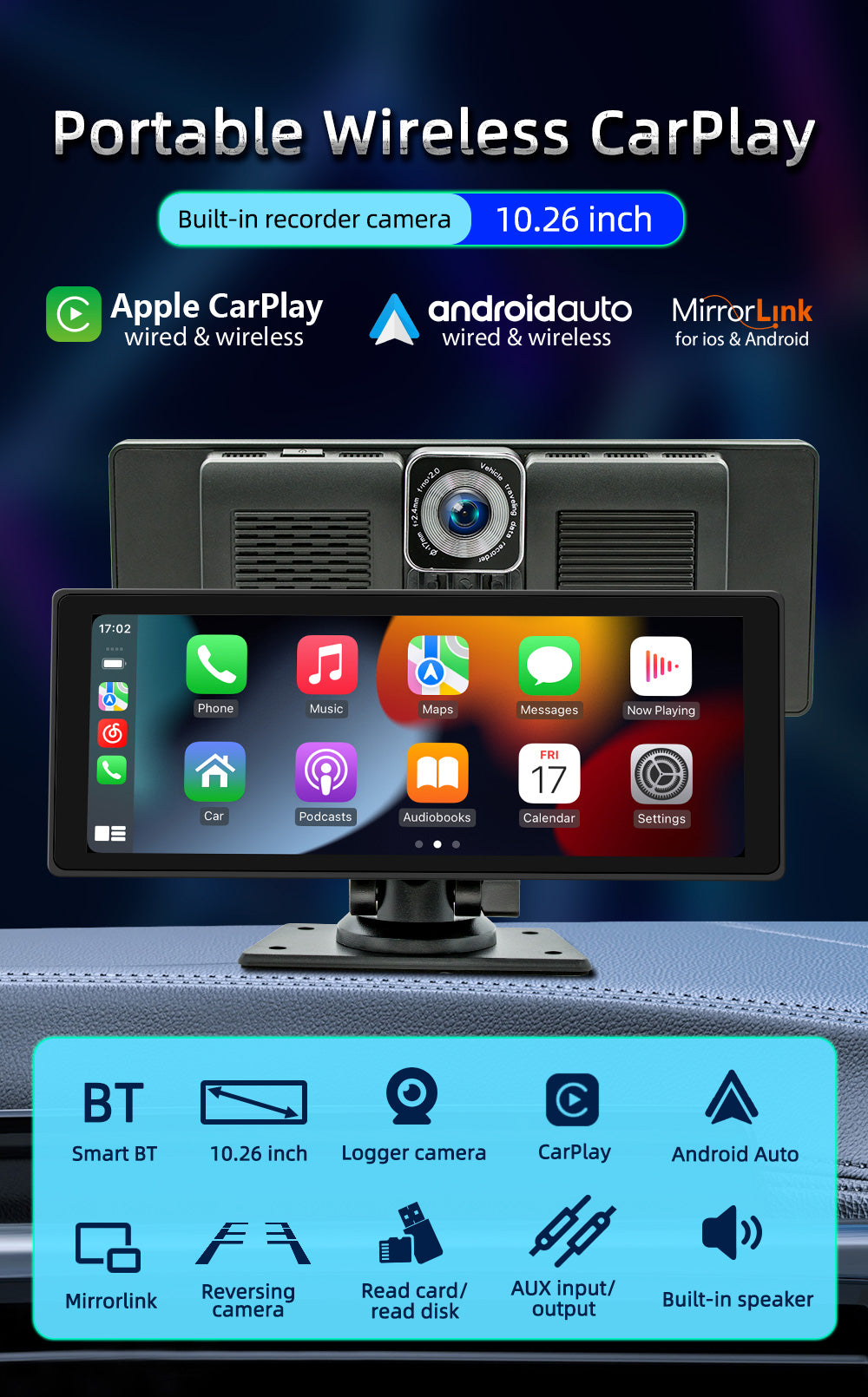 10.26" Wireless Carplay Bluetooth Radio FM Car MP5 Player AHD Recorder Camera