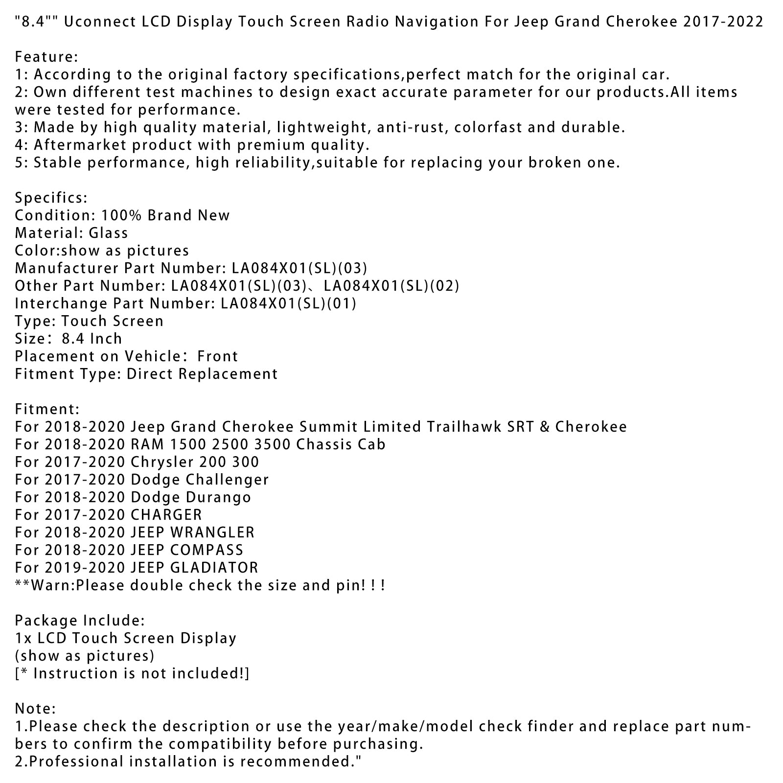 2018-2020 RAM 1500 2500 3500 Chassiscabine 8,4-inch Uconnect LCD-scherm Touchscreen