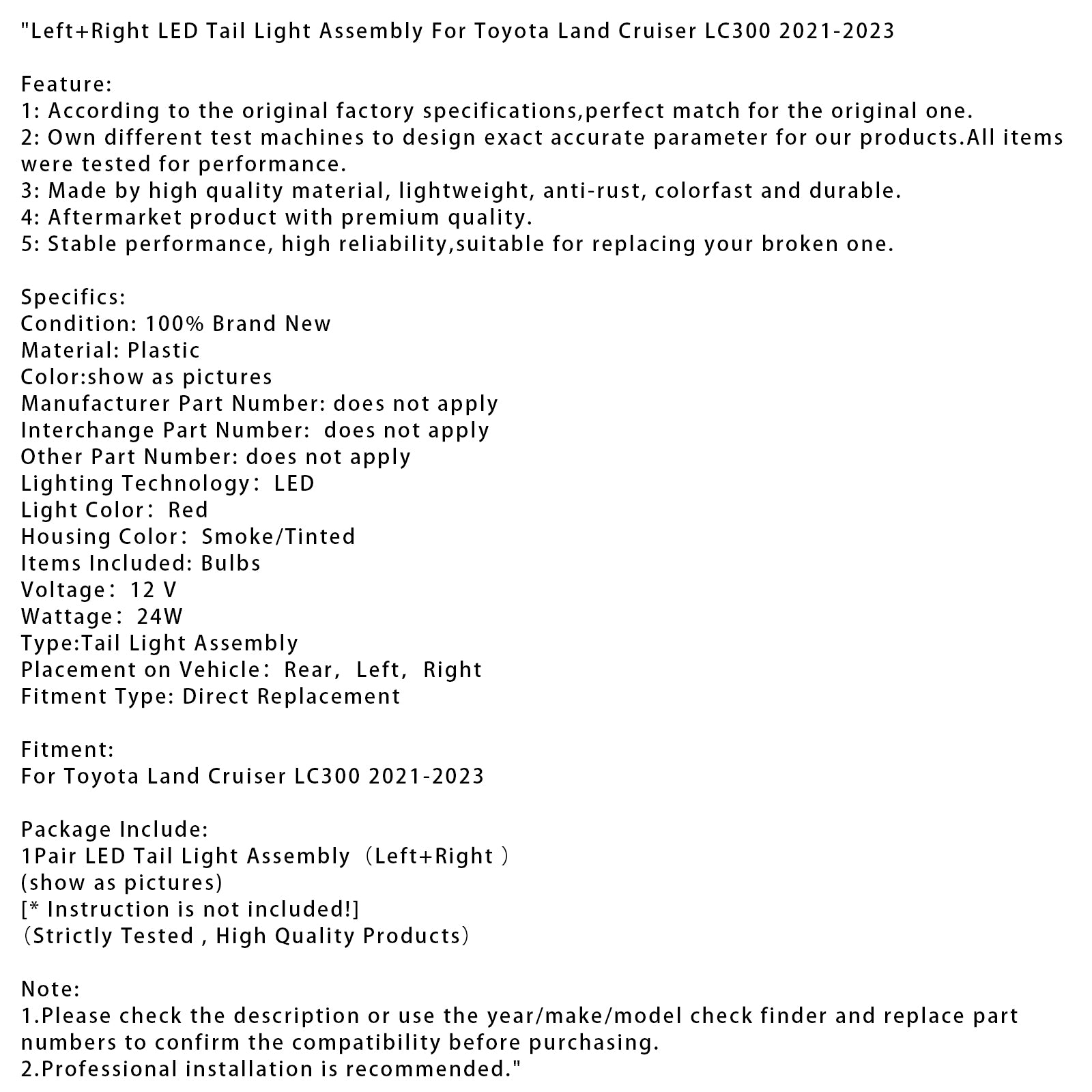 2021-2023 Toyota Land Cruiser LC300 Assemblage des feux arrière à LED gauche +