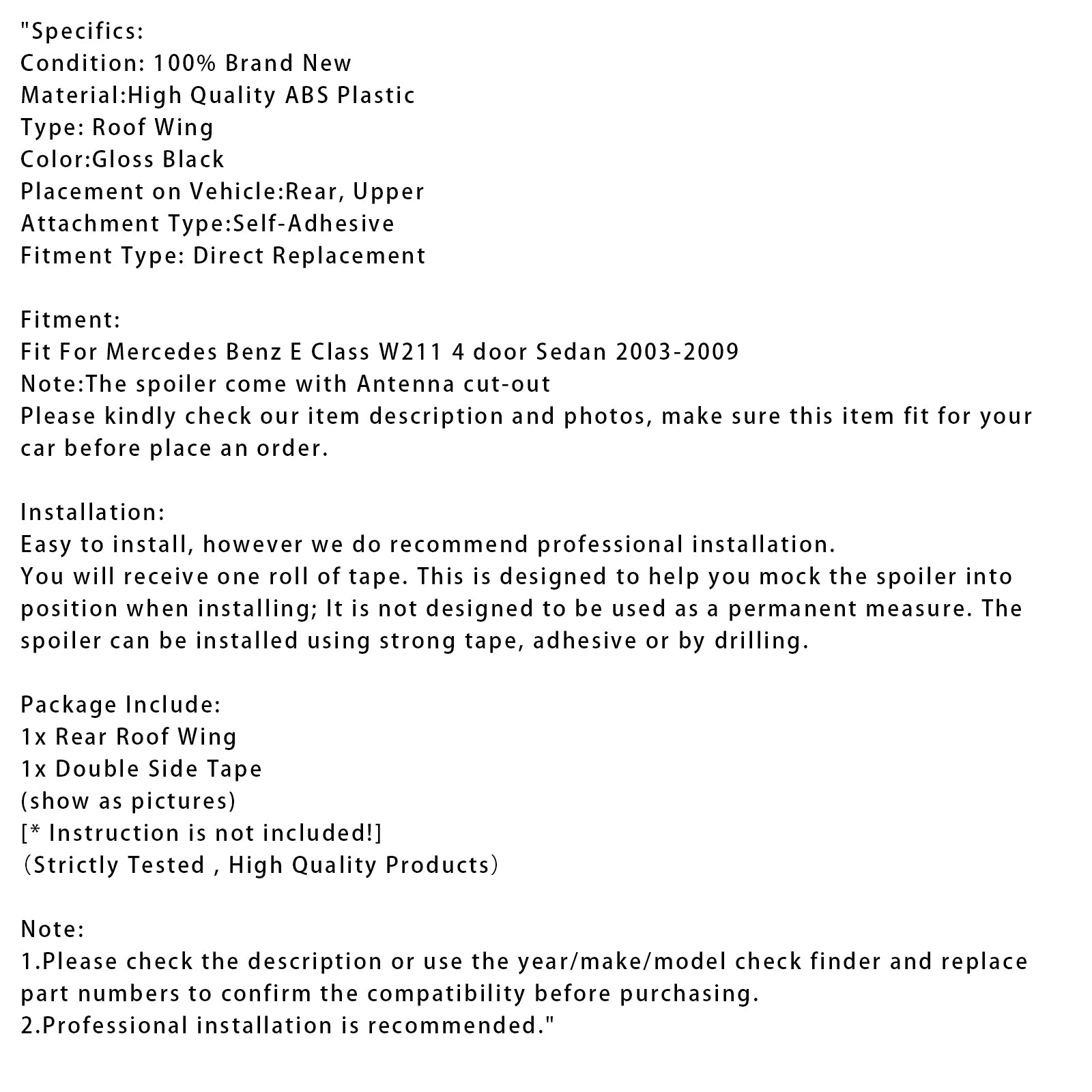 2003–2009 Mercedes-Benz E-klasse W211 Sedan, glanset svart bakre takvinge