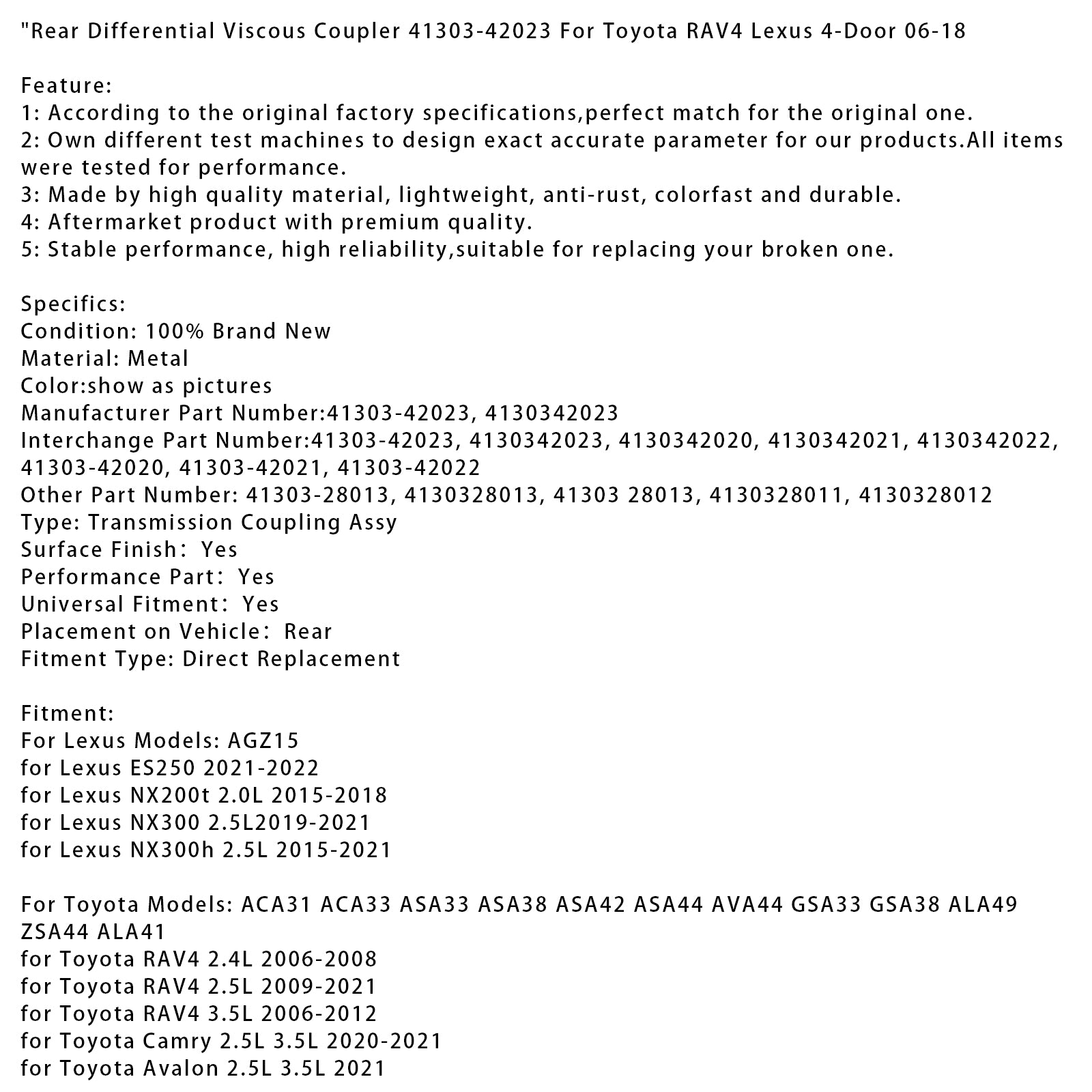 2006-2008 Toyota RAV4 2.4L Rear Differential Viscous Coupler 41303-42023 4130342023 ACA31