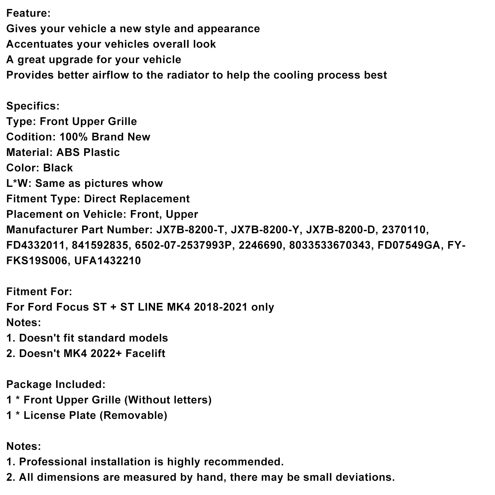 2018-2021 Ford Focus ST + ST Line MK4 Gloss Black Front Bumper Grille Grill