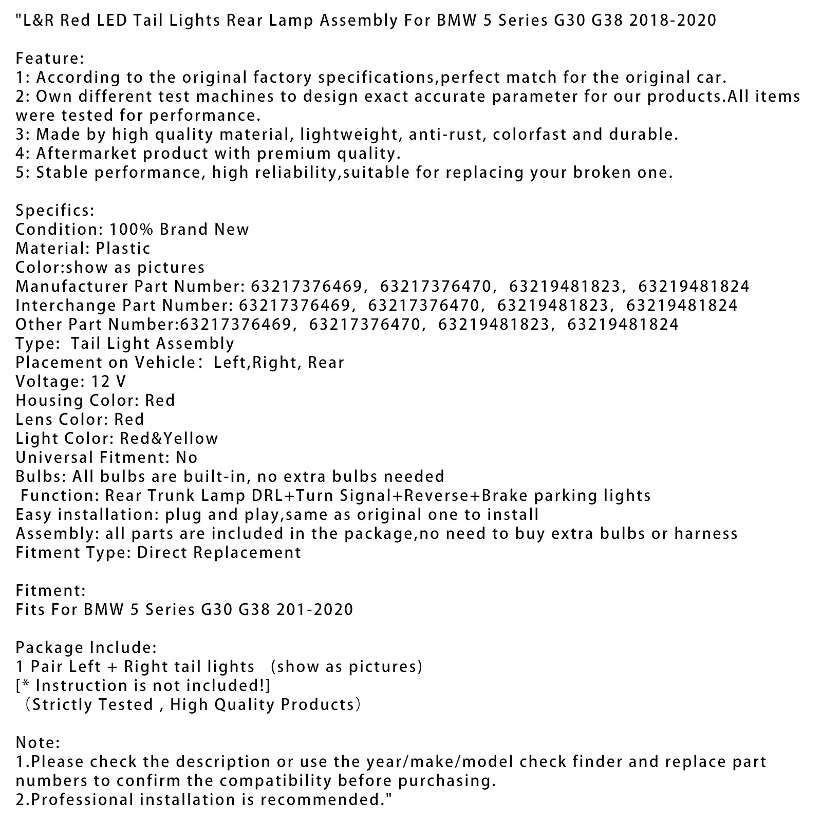 BMW radu 5 G30 G38 L, rok výroby 2018 – 2020&Zostava zadných červených LED svetiel R