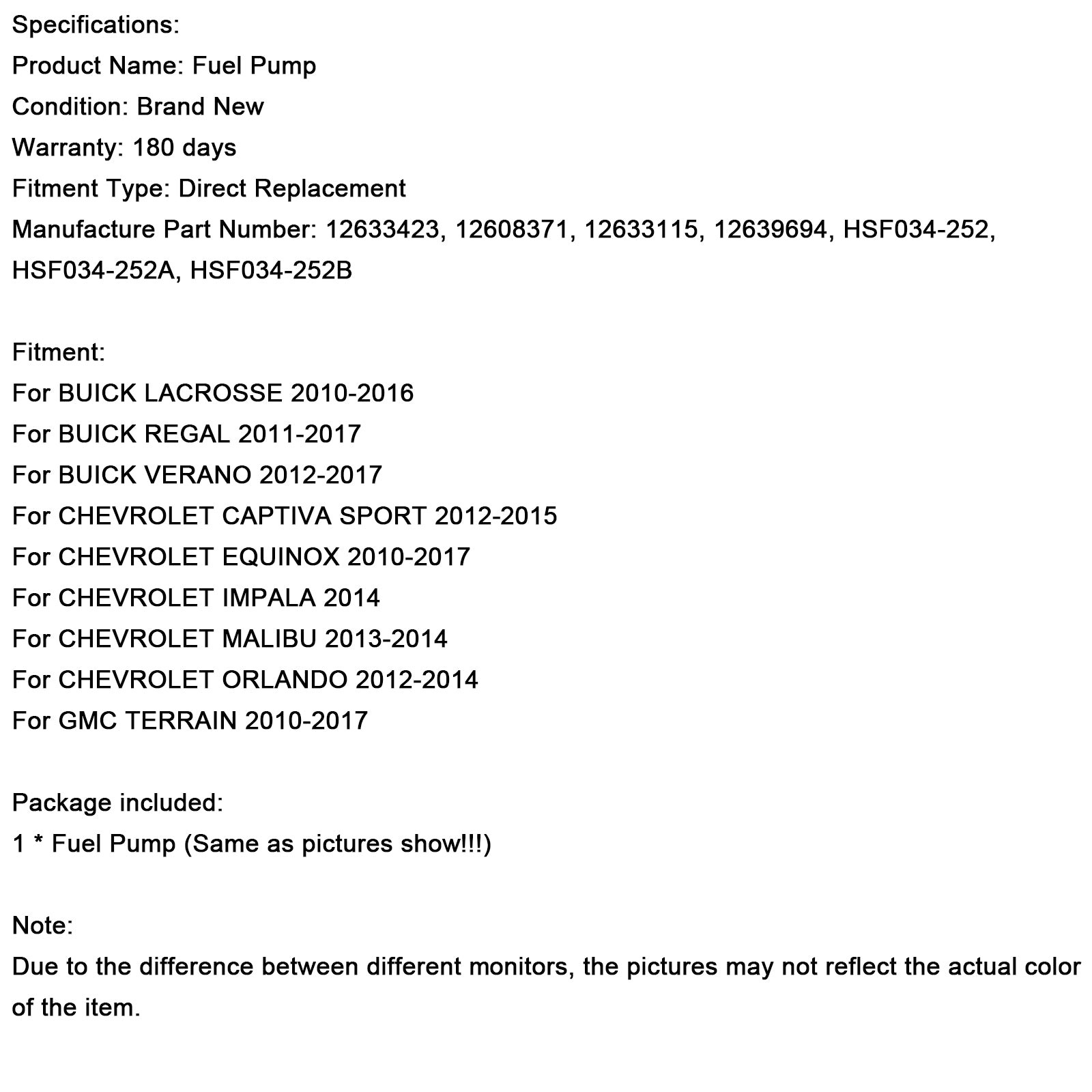 2010-2016 BUICK LACROSSE høytrykks drivstoffpumpe 12641847