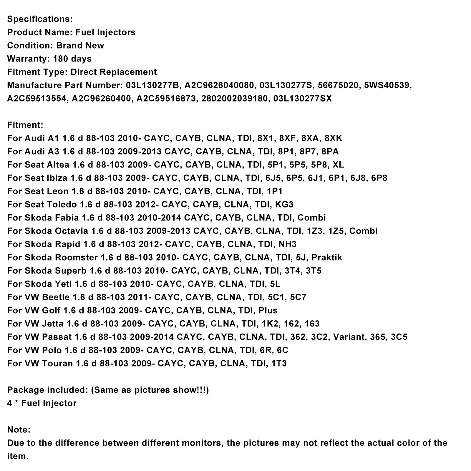 4ST Bränsleinsprutare 03L130277B Passar VW Caddy Fit Skoda Octavia 1.6 03L130277S