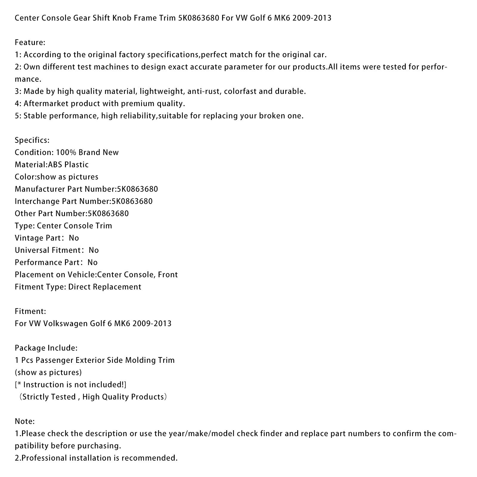 2009-2013 VW Golf 6 MK6 Center Console Gear Shift Knob Frame Trim 5K0863680