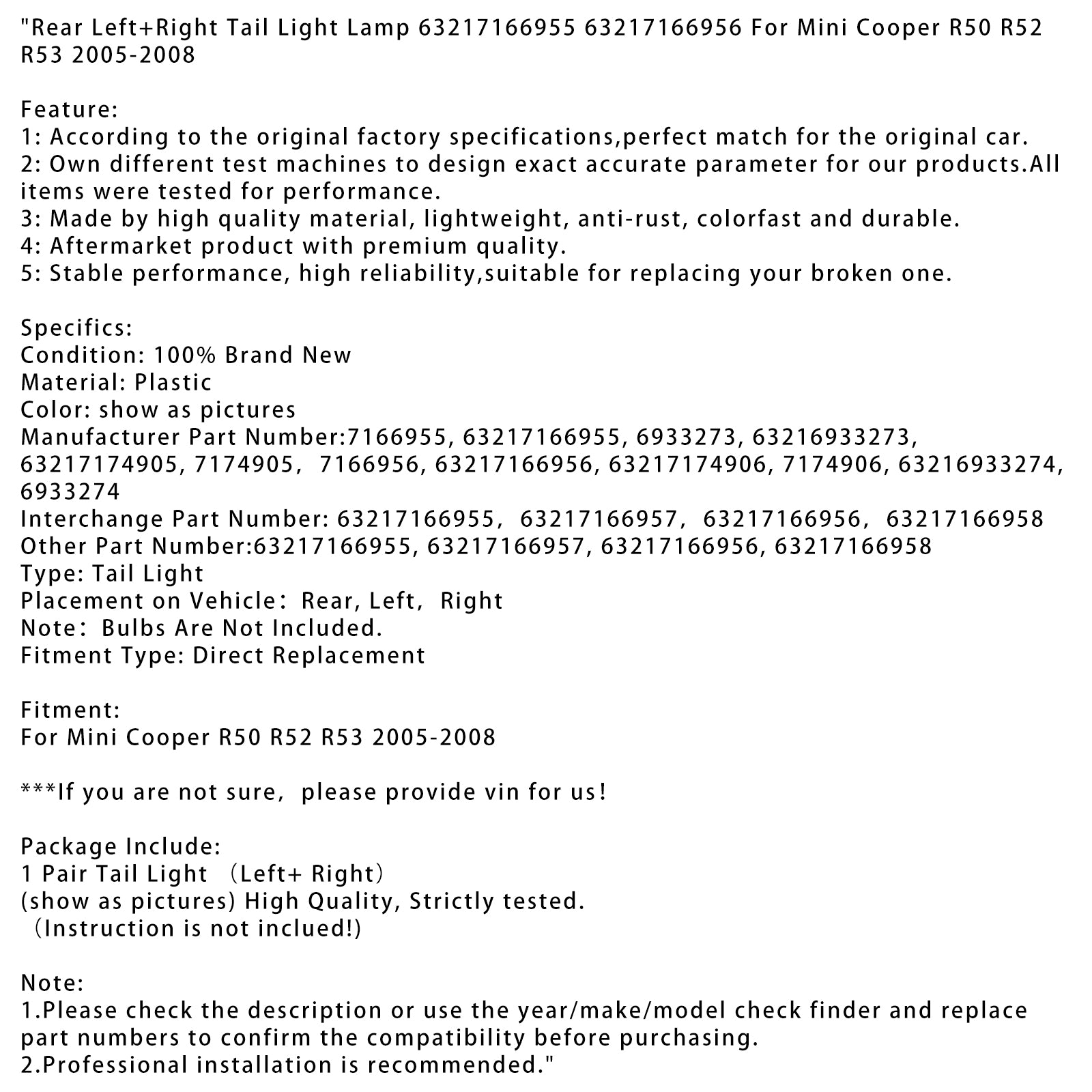 2005-2008 Mini Cooper R50 R52 R53 Achter L+R Achterlicht Lamp 63217166955 56