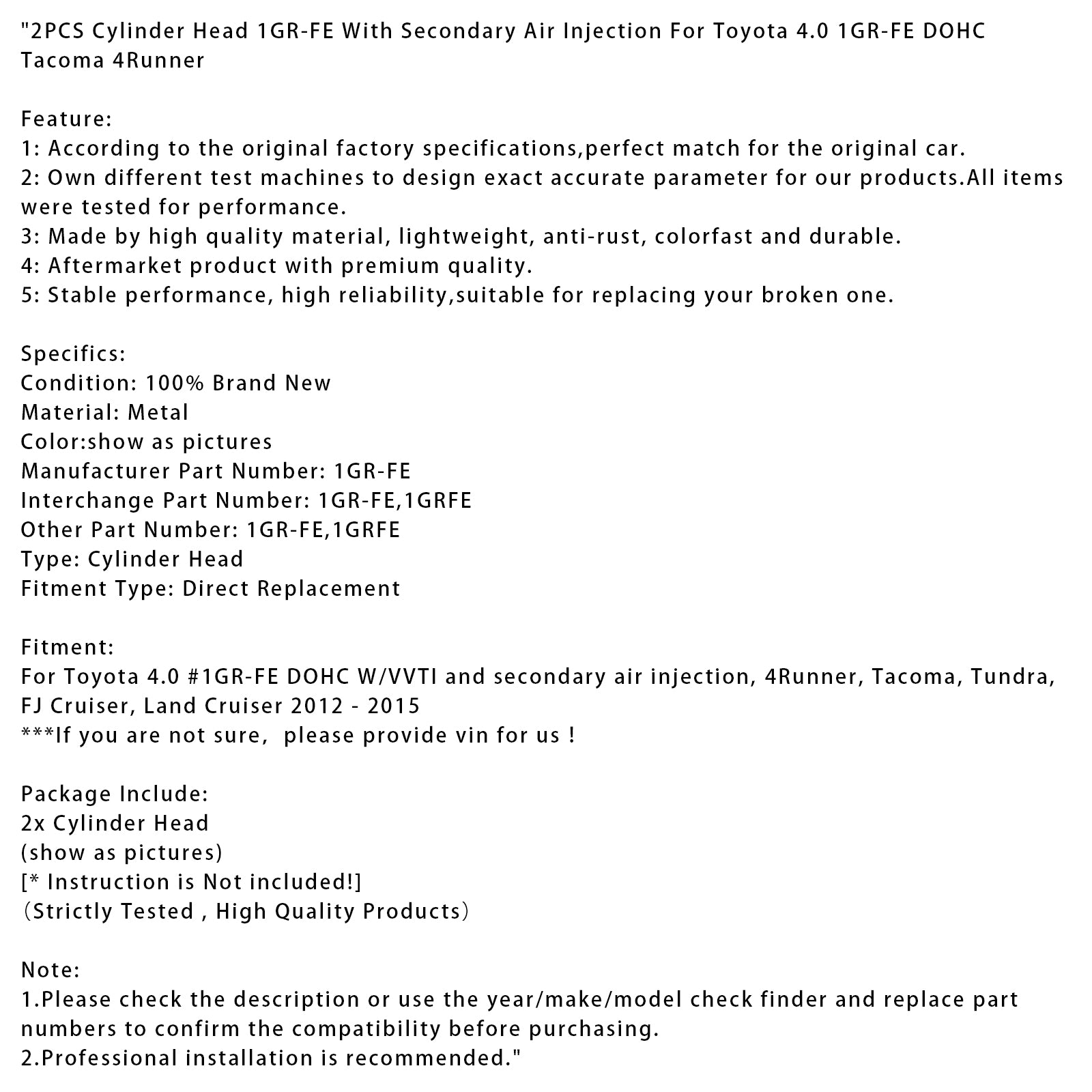 2PCS Cylinder Head 1GR-FE With Secondary Air Injection For Toyota 4.0 1GR-FE