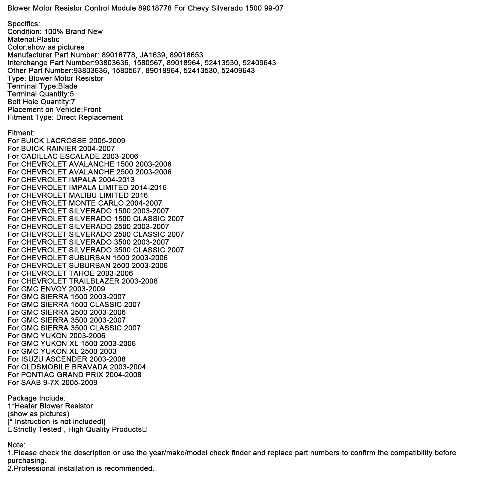 Blower Motor Weerstand Controle Module 89018778 Voor Chevy Silverado 1500 1999-2007