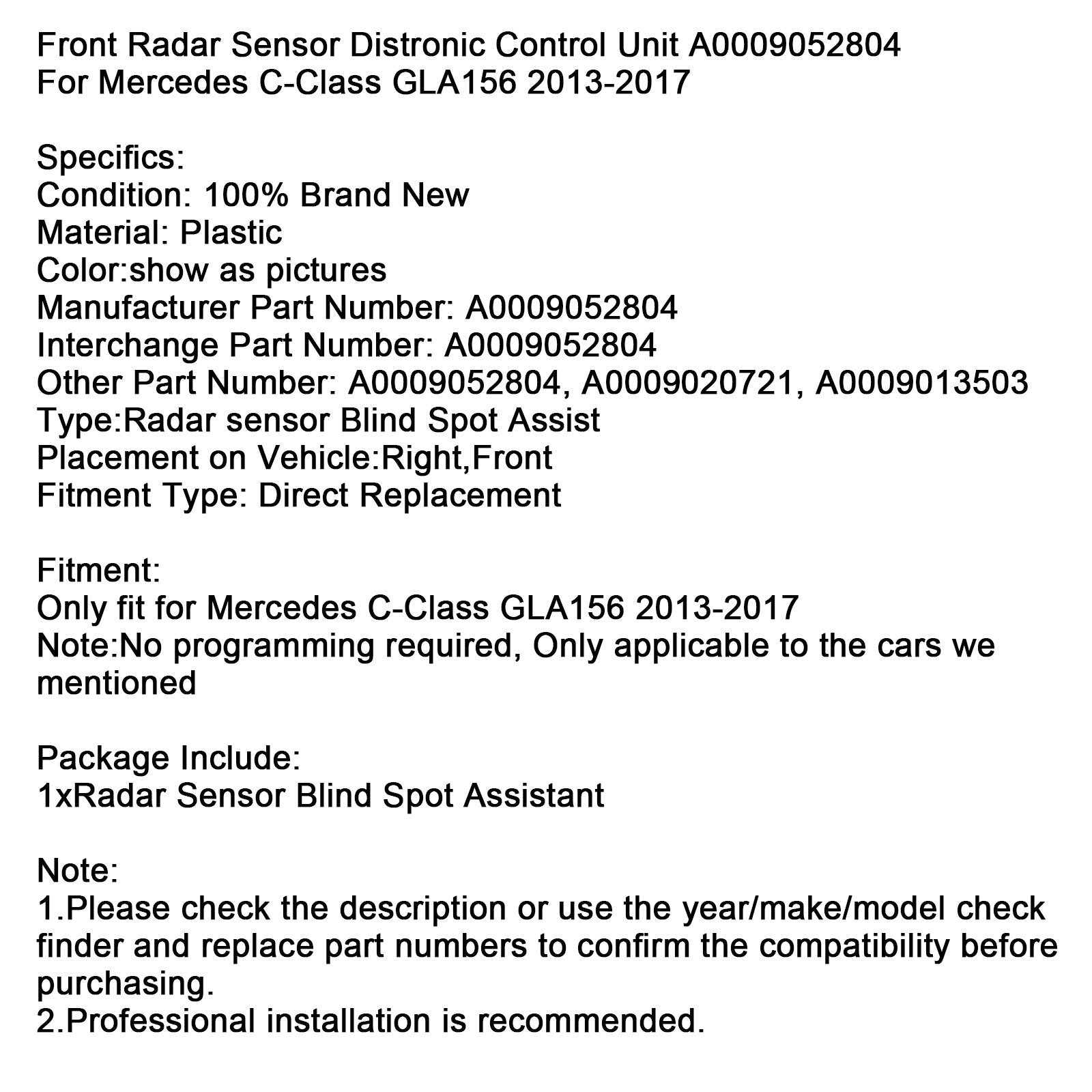 2013-2017 Mercedes C-Class GLA156 Front Radar Sensor Control Unit A0009052804 A0009020721 A0009013503