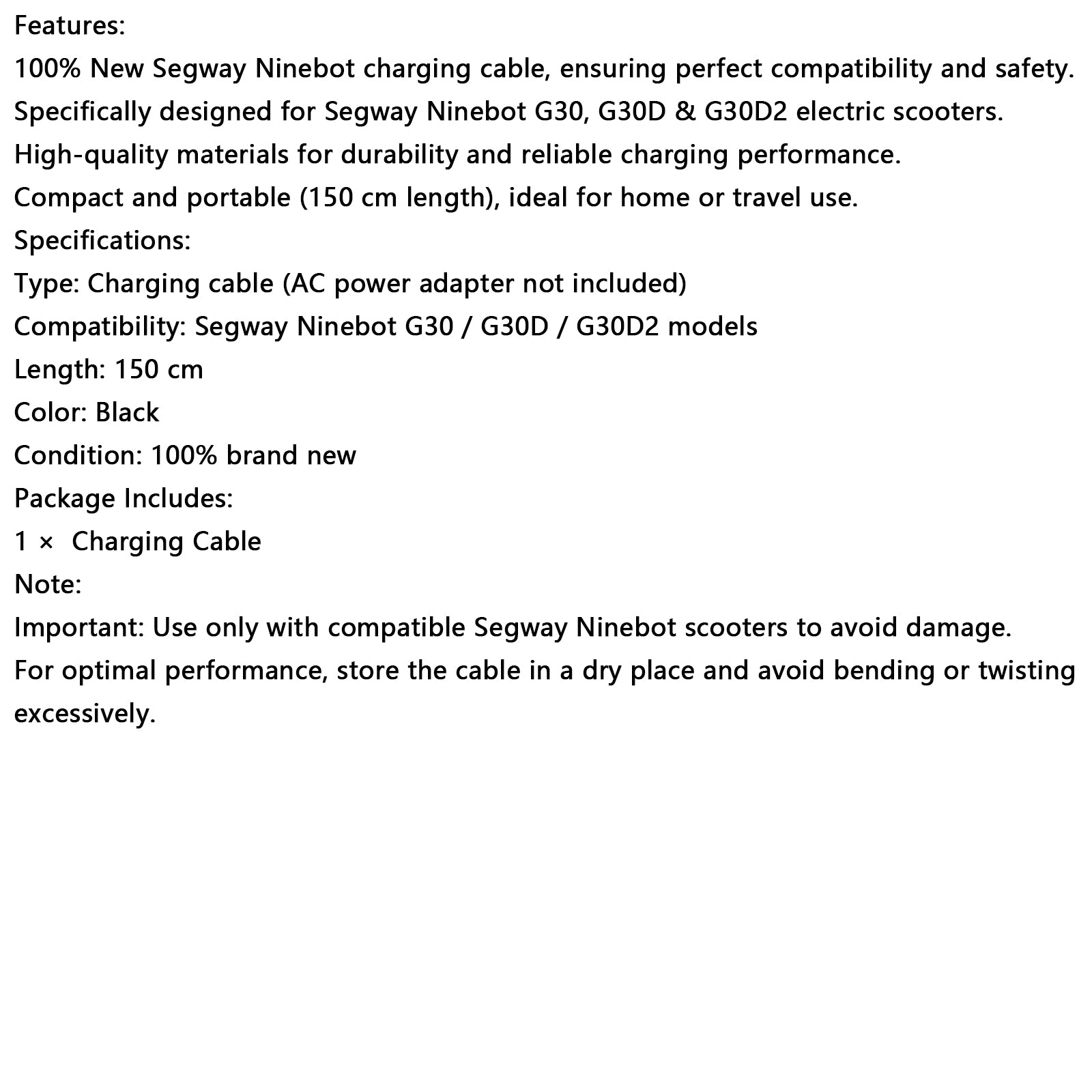 Cabo de carregamento para Segway Ninebot Max Electric Scooter G2/G30/G30P/P65/P100S