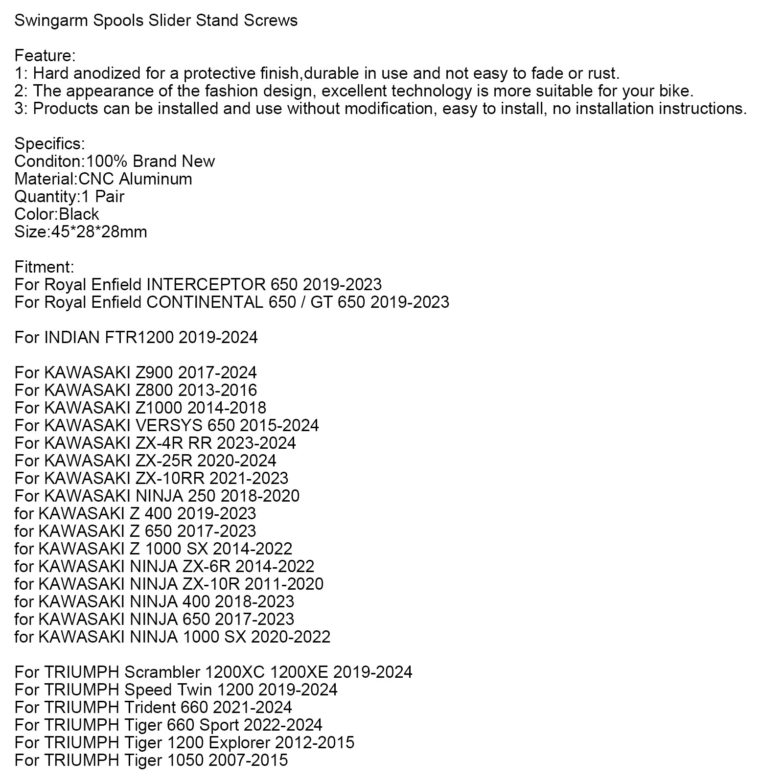 Swingarm Spools Slider Stand Screws Fit For KAWASAKI NINJA SUZUKI GSX-S CBR MONSTER