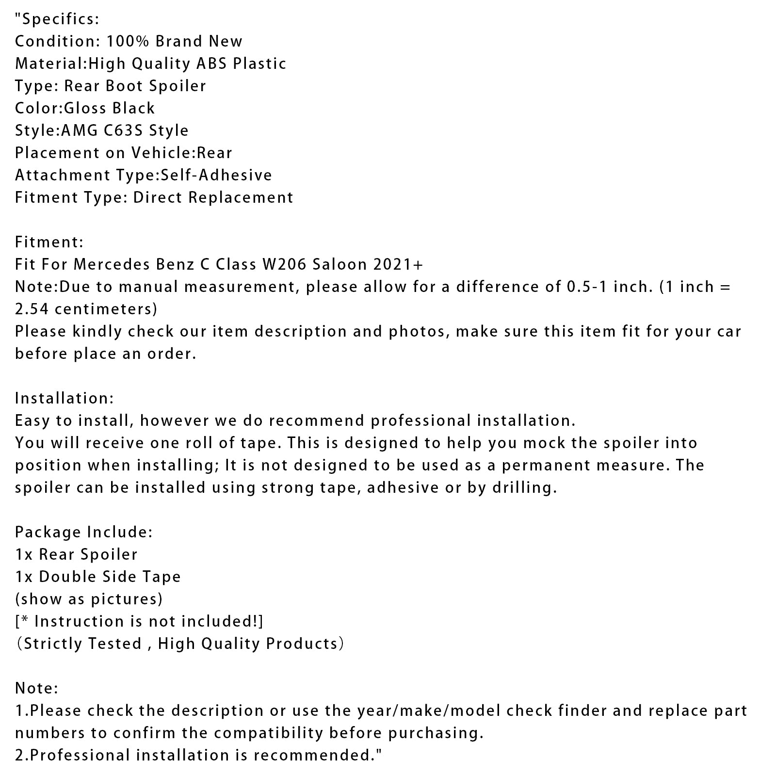 Mercedes-Benz Clase C 2021+ W206 Alerón trasero negro brillante estilo AMG C63 S