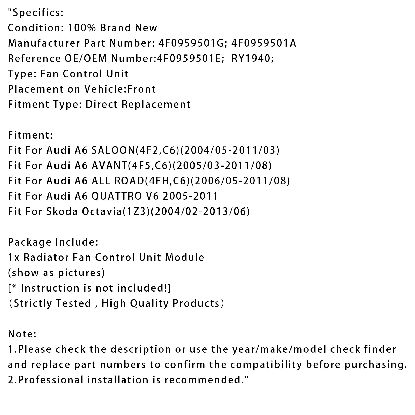 Module de commande du ventilateur de radiateur pour Audi A6 2004-2011 4F0959501G 4F0959501E