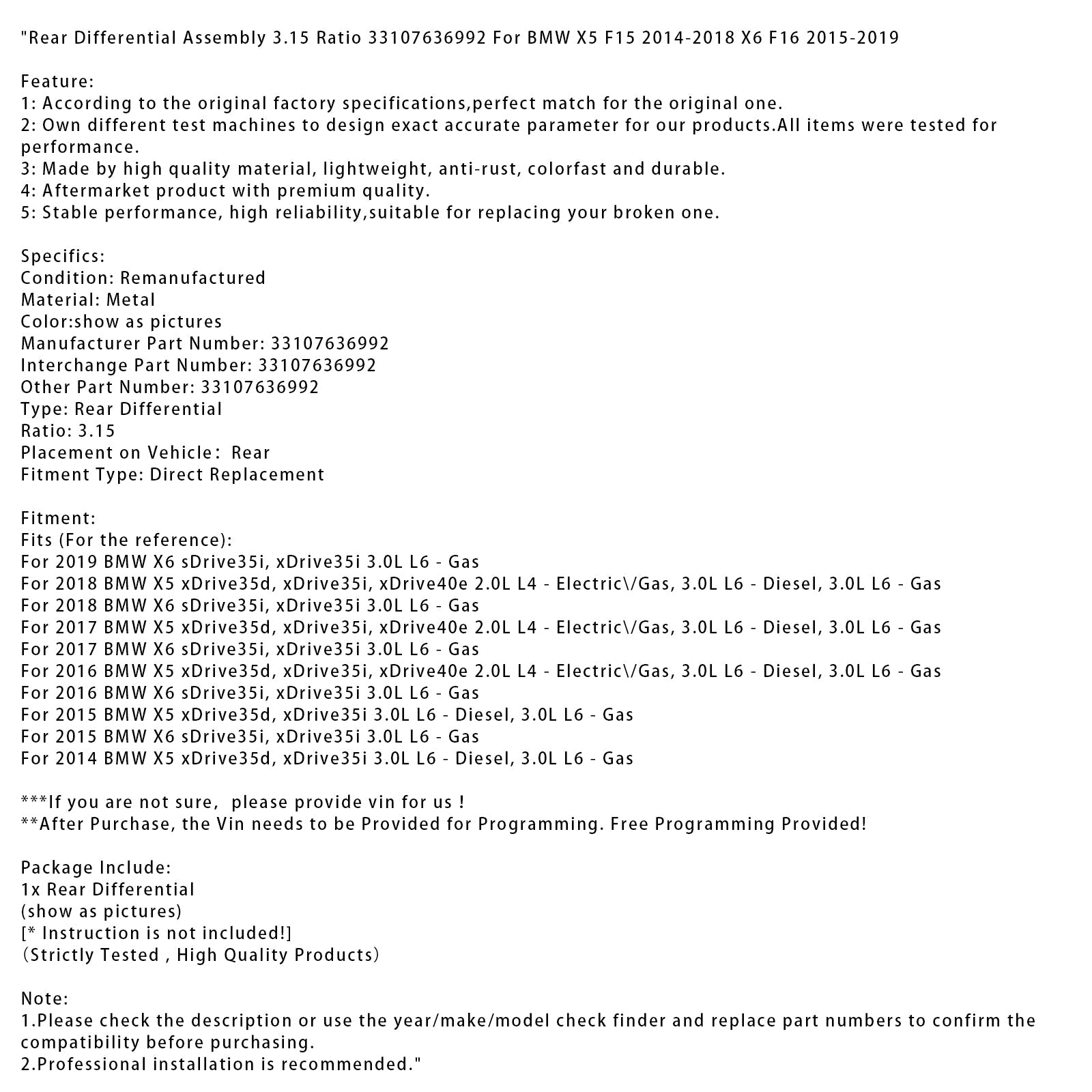 2016 BMW X6 sDrive35i, xDrive35i 3.0L L6 ensemble différentiel arrière rapport 3.15 33107636992