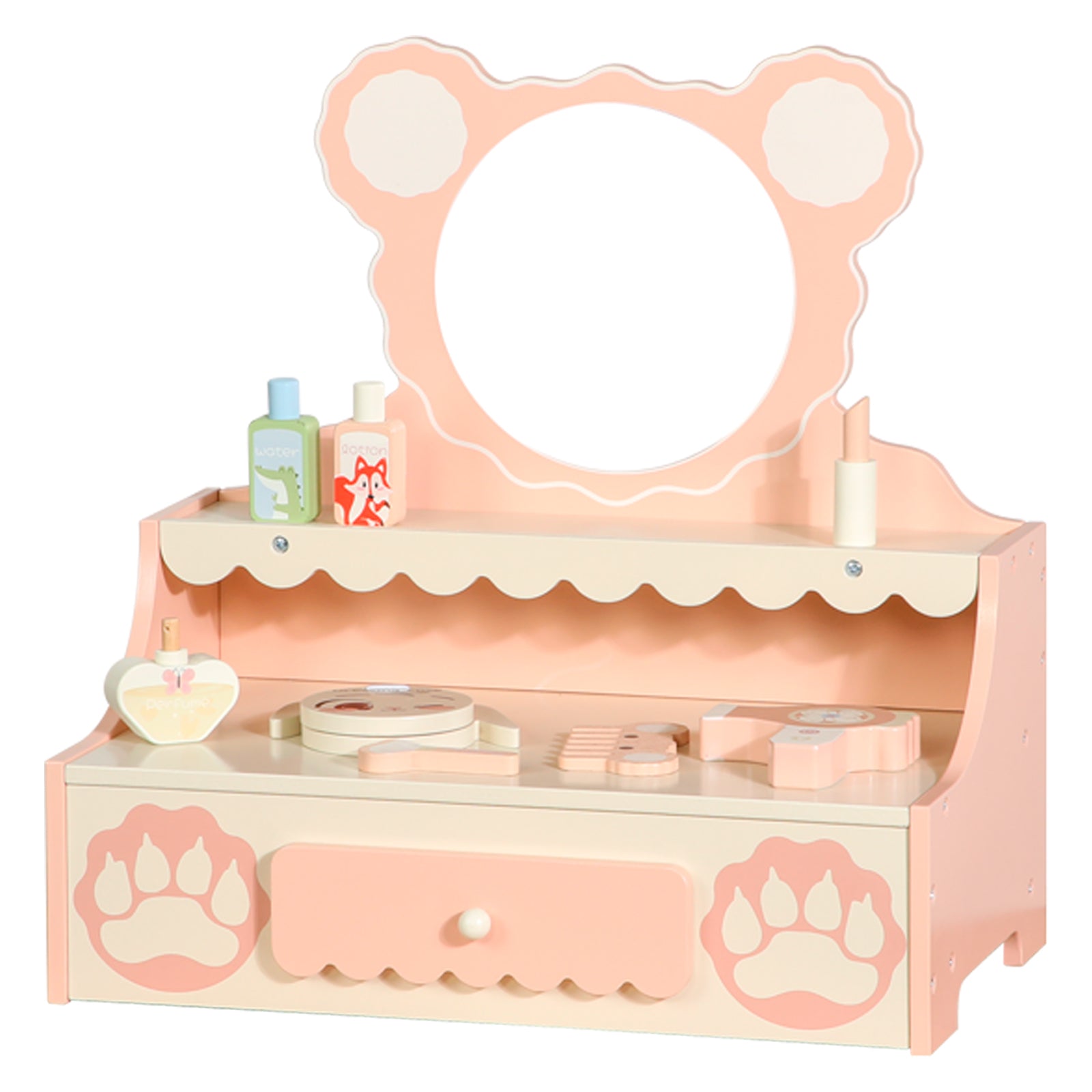 Vanité de princesse pour enfants de 3 ans et plus, bureau de jeu de simulation avec 8 accessoires de maquillage, ensemble de vanité pour enfants avec tiroir de rangement, table de maquillage pour petites filles avec miroir