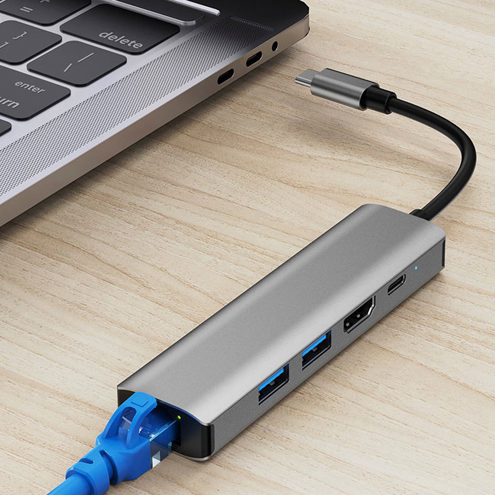 5 en 1 TYPE-C a USB3.0*1+USB2.0*1+PD100W/USB-C Data+HDMI+100M Tarjeta de red iPad