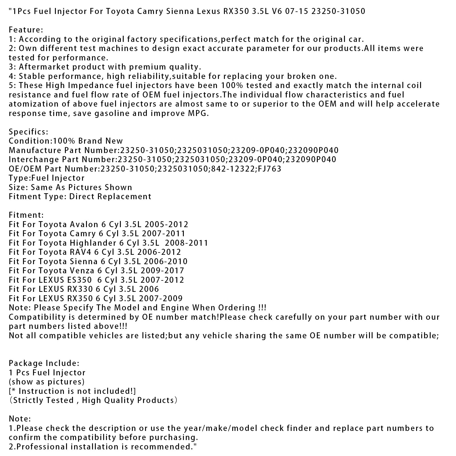 1Pcs Fuel Injector For Toyota Camry Sienna Lexus RX350 3.5L V6 07-15 23250-31050
