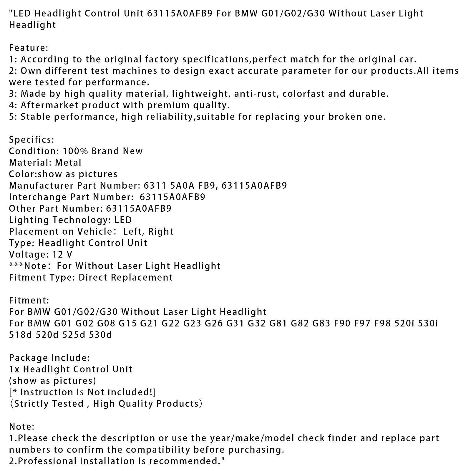 BMW G01/G02/G30 LED Headlight Control Unit 63115A0AFB9 Without Laser Light  63115A0AFB9