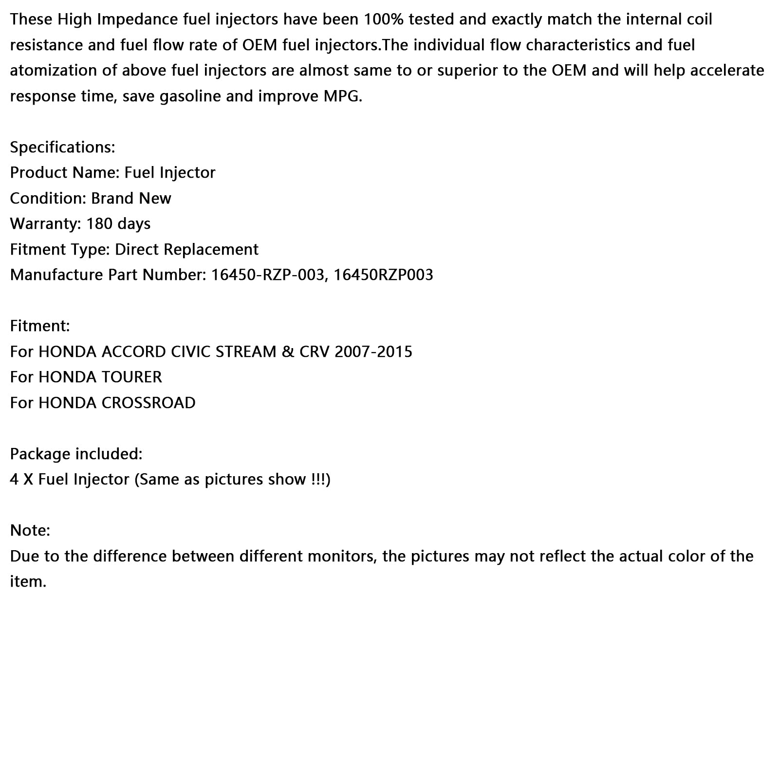 4st bränsleinsprutare 16450-RZP-003 Passar Honda Accord Civic Stream CRV Tourer 2.0L