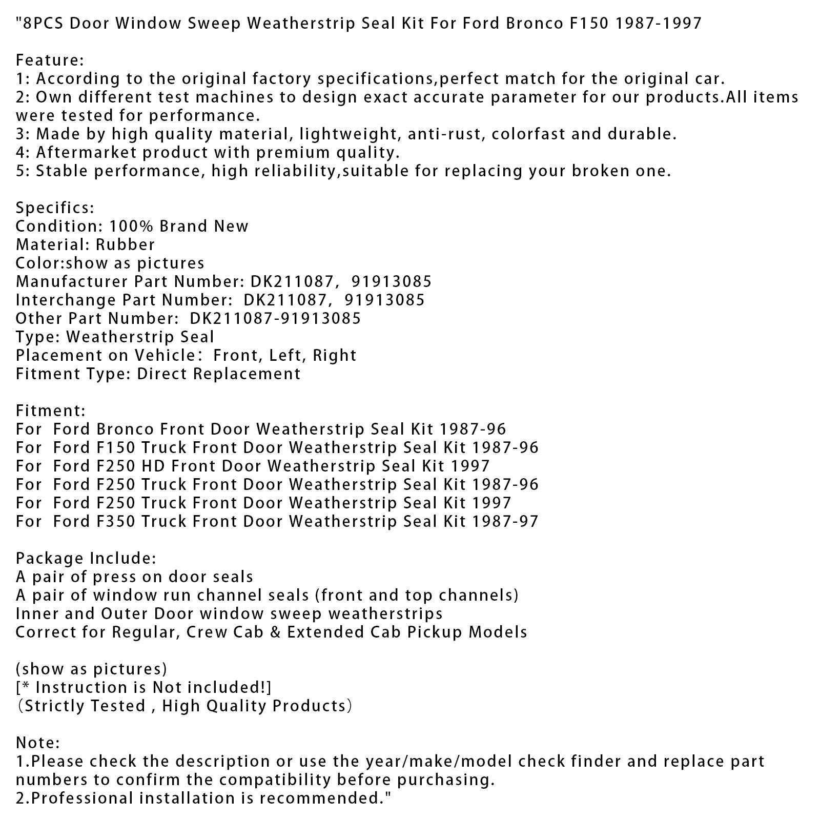 8PCS Door Window Sweep Weatherstrip Seal Kit For Ford Bronco F150 1987-1997