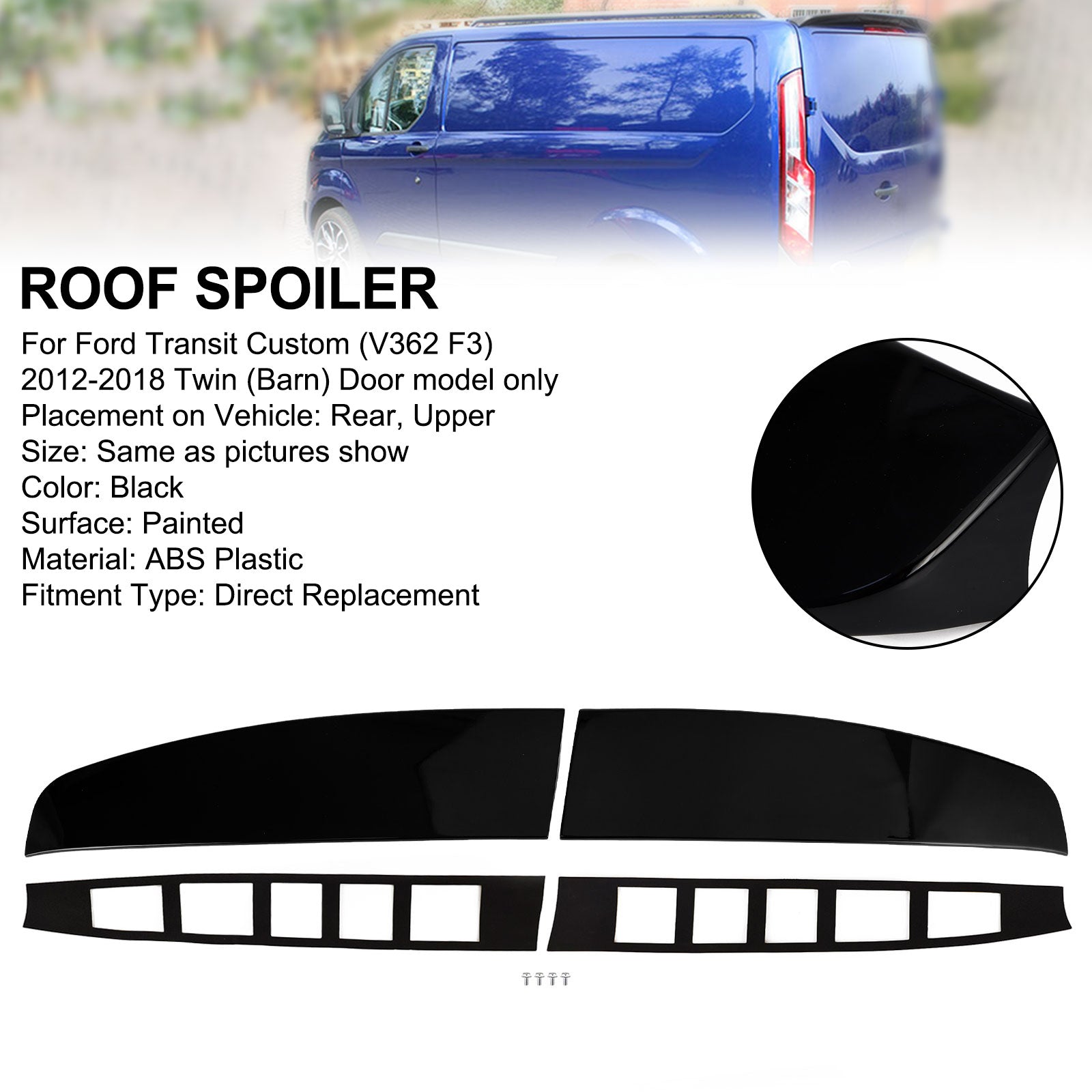 Gloss Black Rear Twin Barn Door Roof Spoiler Fit Ford Transit Custom 2012-2023