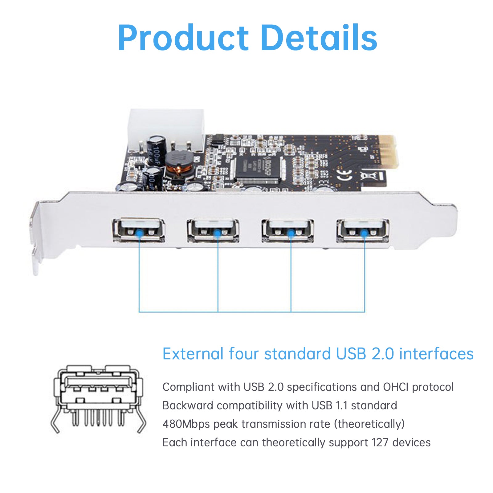 Hub 2.0 PCIe til USB 2.0 Expansion Card Moschip Adapter Card 4pin strømforsyning